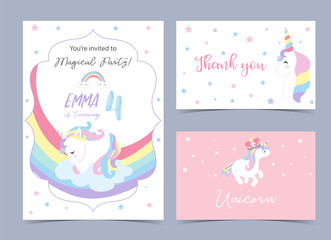 Pastel birthday invitation with unicorn,head,rainbow,frame and star