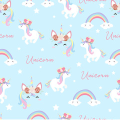 Fototapeta na wymiar Pastel seamless pattern with unicorn,head,rainbow and star
