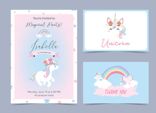 Pastel birthday invitation with unicorn,head,rainbow,frame and star