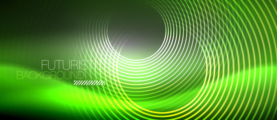 Fototapeta premium Neon circles abstract background, shiny lines