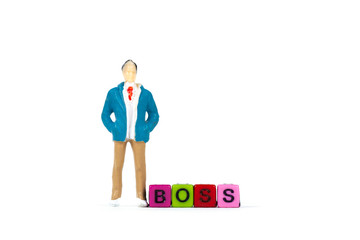 Businessman or manager or boss with BOSS text made from colorful beads or letter bead on white background, finance and business concept.