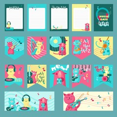 Vector set of cards with music cats and inspirational quotations