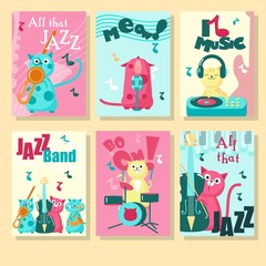 Vector set of cards with music cats and inspirational quotations