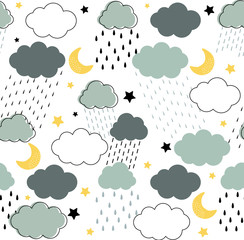 Seamless childish pattern with clouds, raindrops, dots, lines, moon and stars in the night rainy sky. Scandinavian style kids texture for fabric, wrapping, textile, wallpaper, apparel in grey, blue
