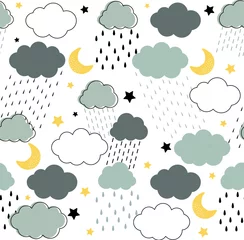 Foto auf Acrylglas Seamless childish pattern with clouds, raindrops, dots, lines, moon and stars in the night rainy sky. Scandinavian style kids texture for fabric, wrapping, textile, wallpaper, apparel in grey, blue © Krystsina