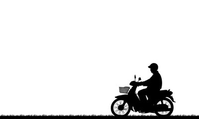 Fototapeta na wymiar Silhouette biker with his motorbike on white background