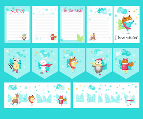 Vector set of cards with cute ice skating animals
