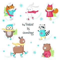 Cute animals ice skating vector isolated illustration