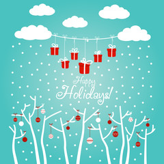 Cute winter holiday background with blue sky, snowflakes, clouds, gift and trees decorating with holiday toys. Stylish Christmas and New Year vector illustration. Funny winter landscape