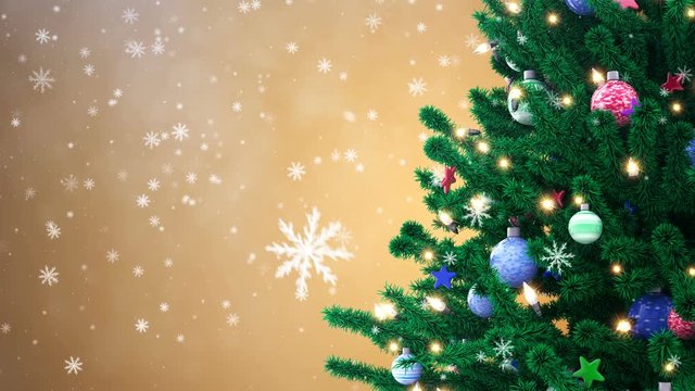 Christmas tree and falling snowflakes on gold background