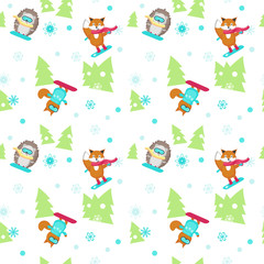 Vector seamless pattern with cute animals snowboarding