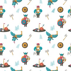 Vector seamless pattern with vikings and dragons