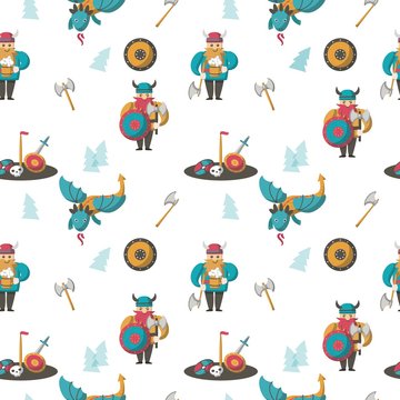 Vector seamless pattern with vikings and dragons