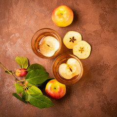 Apple cider, drink with cinnamon and thyme. Autumn concept. View from above. Square frame. Copy space.