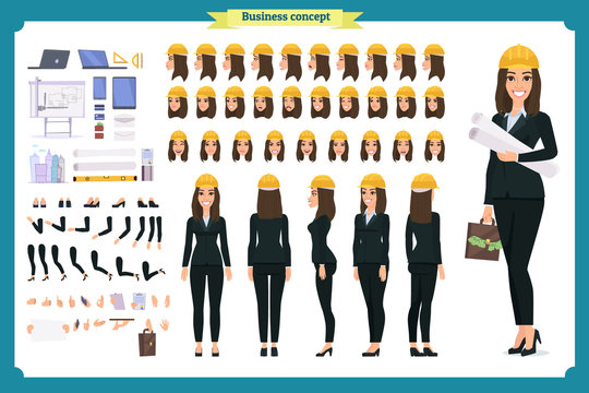 Woman architect in business suit and protective helmet. Character creation set. Full length, different views, emotions and gestures.