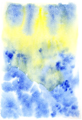 Blue and yellow abstract watercolor art hand painted