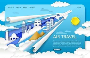 Vector paper cut air travel landing page website template