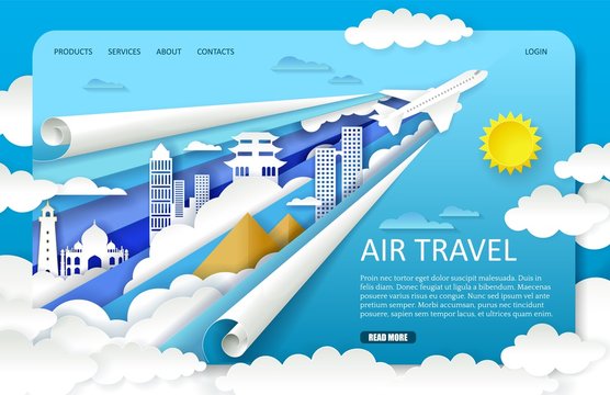Vector paper cut air travel landing page website template