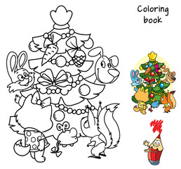 Squirrel, dog, cat and rabbit around Christmas tree. Coloring book. Cartoon vector illustration