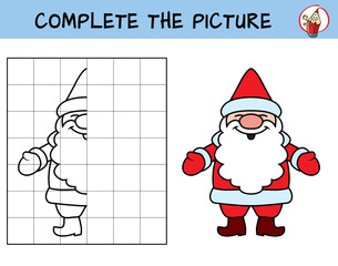 Complete the picture of Santa Claus. Copy the picture. Coloring book. Educational game for children. Cartoon vector illustration