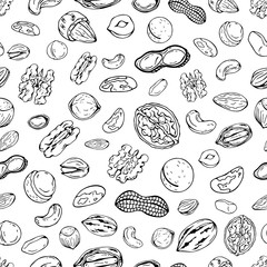 Fototapeta na wymiar Pattern of vector illustrations on the nutrition theme; set of different kinds of nuts. Realistic isolated objects for your design.
