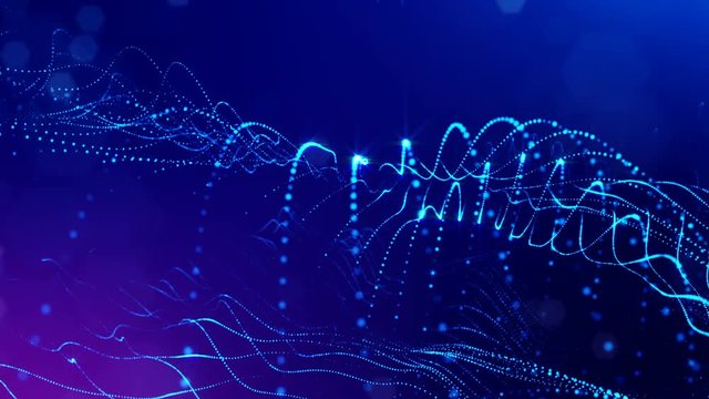 Sci-fi composition with oscillating luminous particles. 4k science fiction background with smooth looped animation of glowing particles, shining bokeh sparkles. Abstract blue strings 1