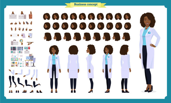 Scientist character creation set.Black Woman works in science laboratory at experiments. Full length, different views, emotions, gestures. Build your own design. 