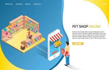 Pet shop online landing page website vector template