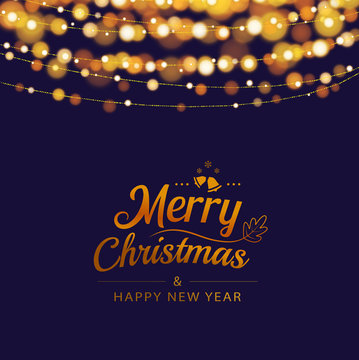 Christmas greeting card with bokeh lights and text in dark background. Vector illustration for holiday and a happy new year.