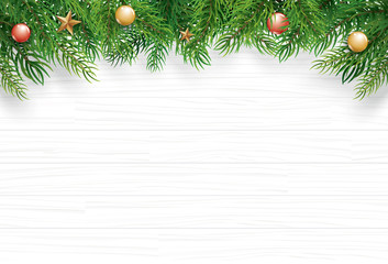 Fototapeta na wymiar Christmas with fir branch on white wooden background. Vector illustration top view and copy space for text. Use for greeting card, banner, web cover.