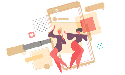 social media on mobile device, selfie, flat illustration