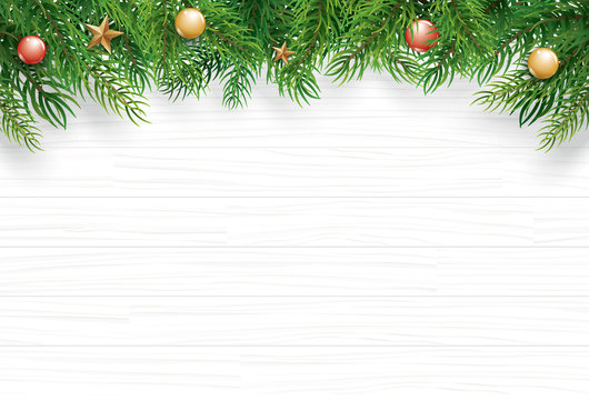 Christmas with fir branch on white wooden background. Vector illustration top view and copy space for text. Use for greeting card, banner, web cover.