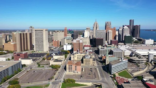 Slow Aerial Pan of the Detroit, Michigan City Skyline on a Beautiful Sunny Day