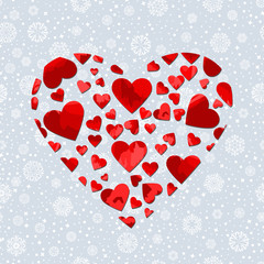 red heart shape on white winter background. vector illustration