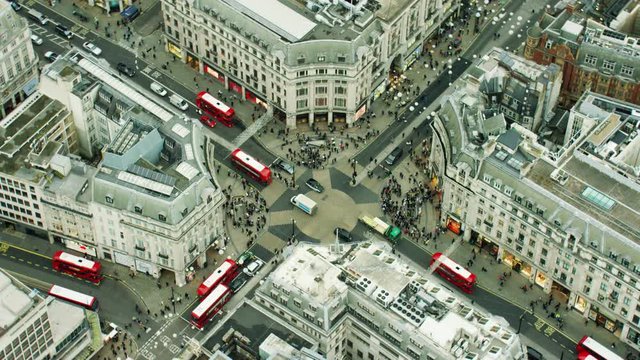 Aerial view of buildings around Oxford Circus London UK