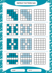 Repeat blue pattern. Cube grid with squares. Special for preschool kids. Worksheet for practicing fine motor skills. Improving skills tasks. A4. Snap game. 5x5