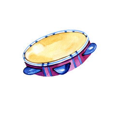 Watercolor illustration of pandeiro. Music percussion instrument on white background