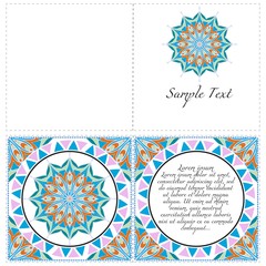 Invitation or Card template with floral mandala pattern. The front and rear side. Vector illustration