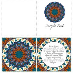 Invitation or Card template with floral mandala pattern. Decorative background for Wedding, greeting cards, Birthday Invitation. The front and rear side.