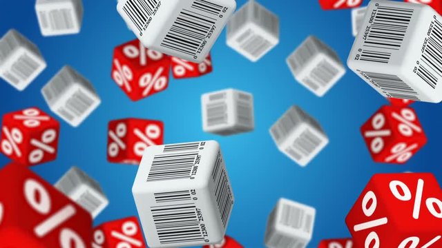 Cubes with barcode labels and percent symbols falling down. Concept of sale.