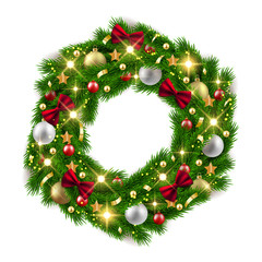 Fototapeta na wymiar Merry Christmas Happy New Year fir tree wreath with decorations, vector illustration