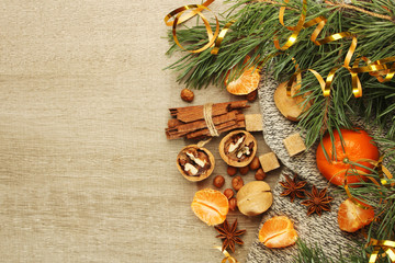 Still life formed with pine branches and New Year sweets