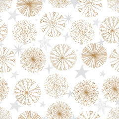 Cute winter seamless pattern with gold decorative snowflakes and  silver stars.
