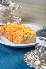 Handmade baklava, traditional turkish pastry close up
