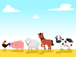 Vector Illustration of Farm animals walking in the farm field facing the viewer