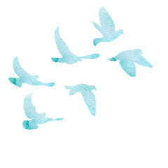 flock of birds flies, blue watercolor silhouette