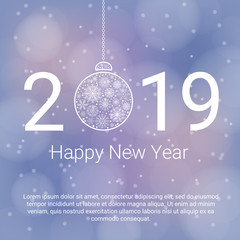 2019 Happy New Year background with Christmas ball and snowflakes on blue abstract background. Vector greeting illustration.