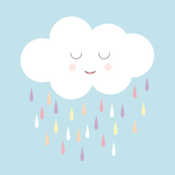 Cute Smiling Rain Cloud With Rain Drops In Shades Of Blue. Nursery Art For Boys.