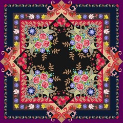 Beautiful oriental napkin or pillowcase with floral border. Bright tablecloth or carpet with flowers. Bandana print. Print for fabric. Rug.