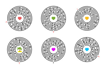 A set of round mazes. Game for kids. Puzzle for children. One entrances, one exit. Labyrinth conundrum. Flat vector illustration isolated on white background.
